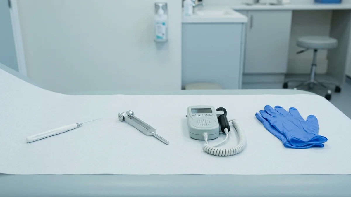 Monofilament probe, tuning fork and doppler laid out for diabetic foot screening
