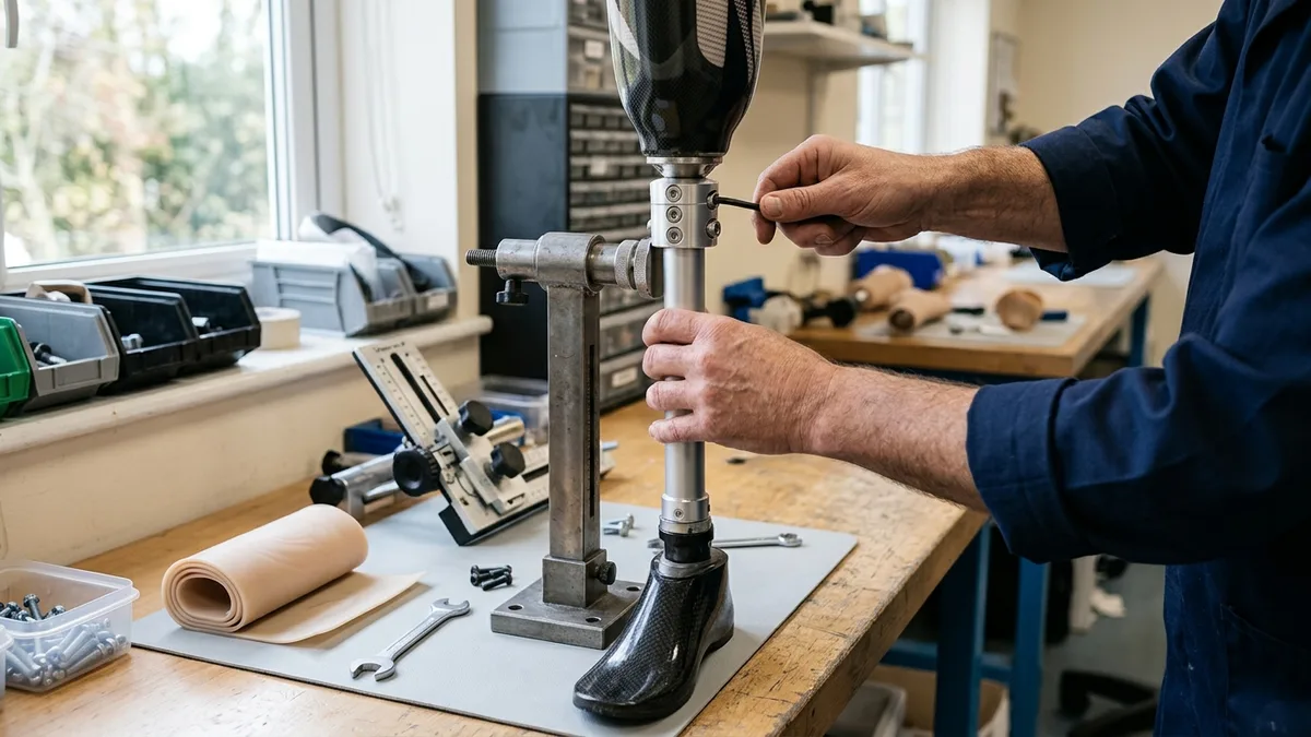 Prosthetist adjusting the alignment of a below-knee prosthetic leg on a fitting stand